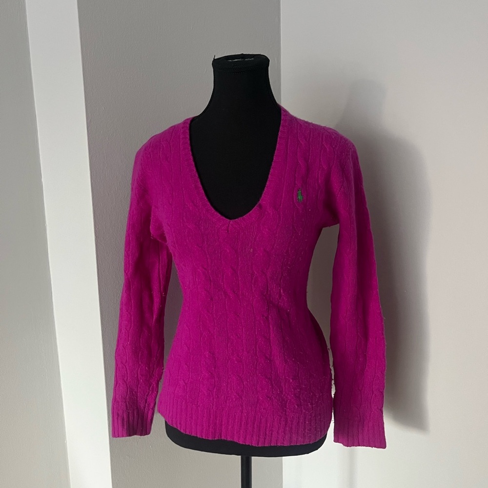 Polo Ralph Lauren Pink Cable-Knit V-Neck cashmere-wool Sweater